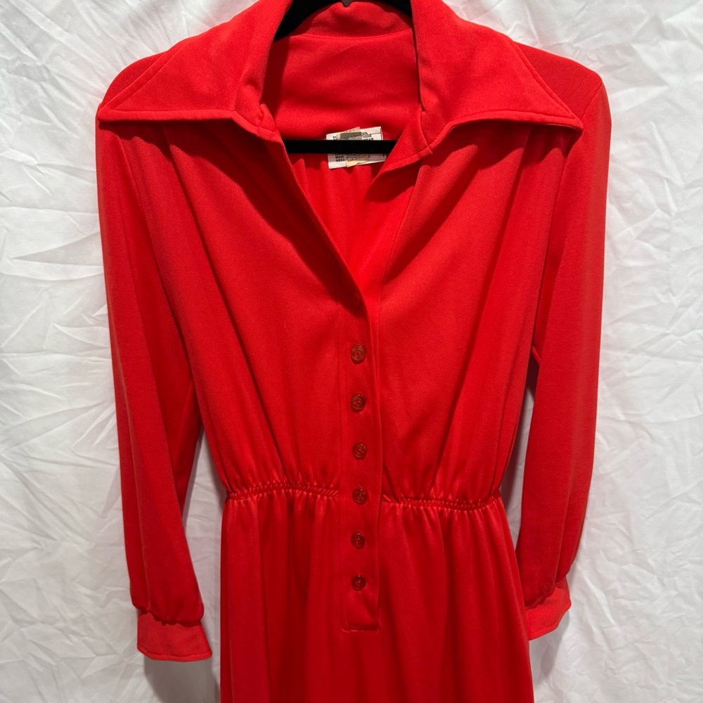 Vintage Red Long Sleeve Button Front Maxi Collared Dress 14 Made in USA Pinup - Picture 2 of 13